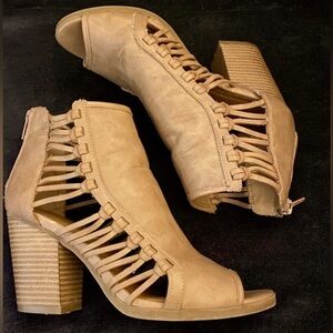 Tan Lace-Up Peep Toe Booties | Rampage Block Heel Sandal Boots | Size 6.5 Boho